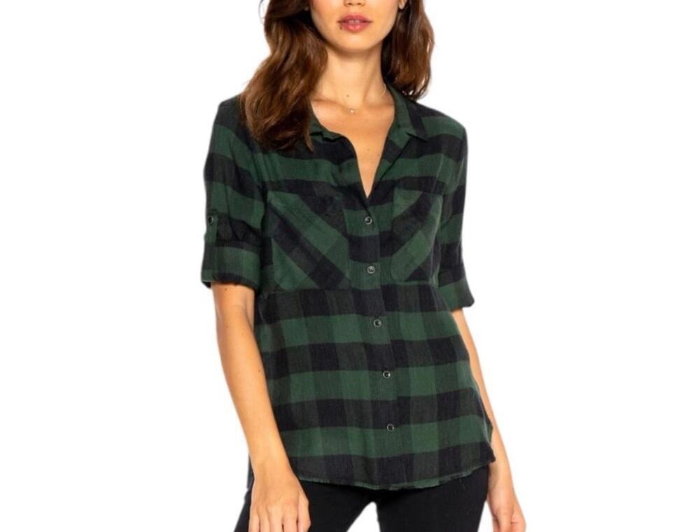 Bella Dahl Plaid Flannel Raw Hem Button Down Med